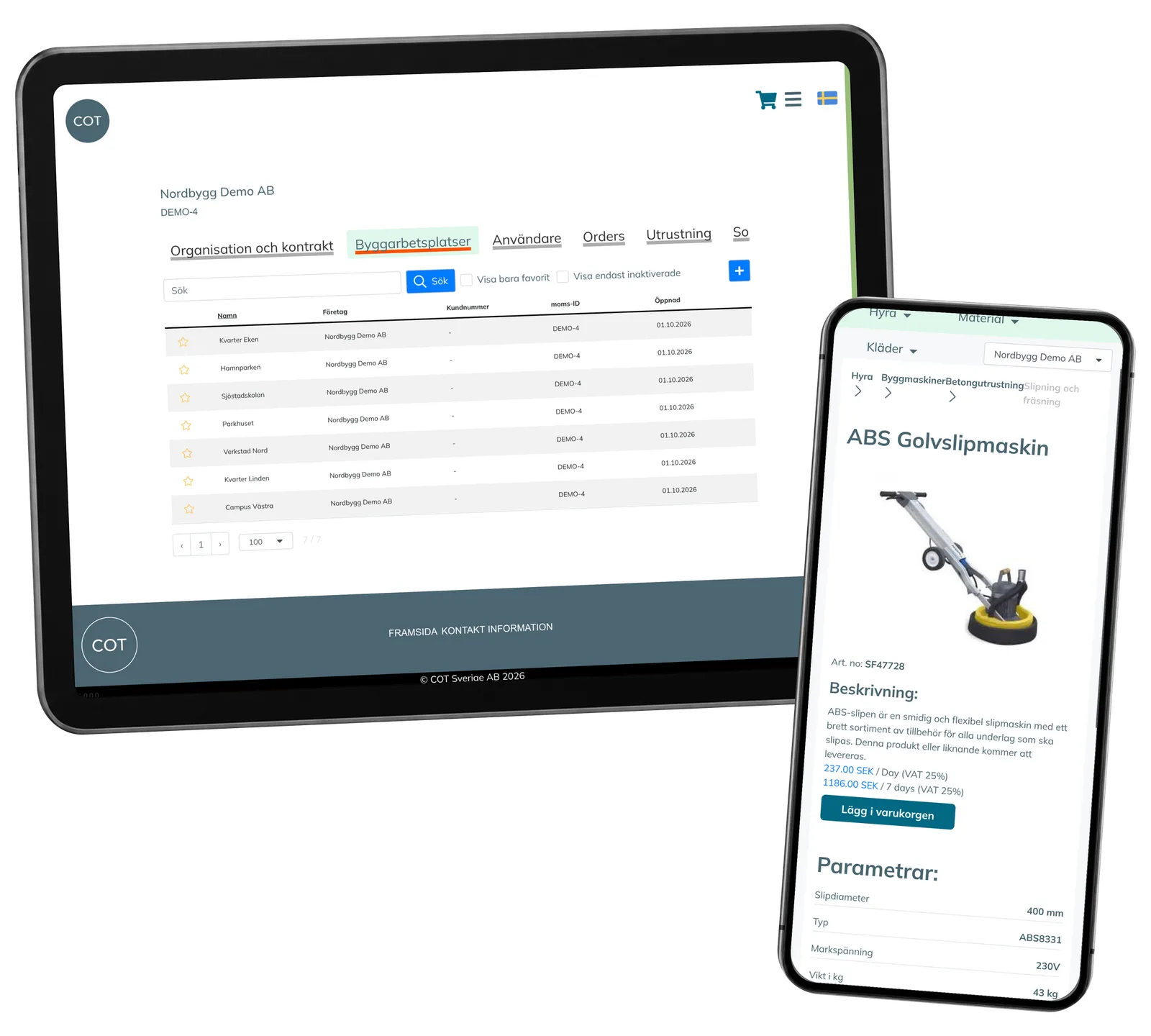 COT Sverige Portal prototype: Connect each worksite with the equipment it needs. Real interface with fictional demonstration records.
