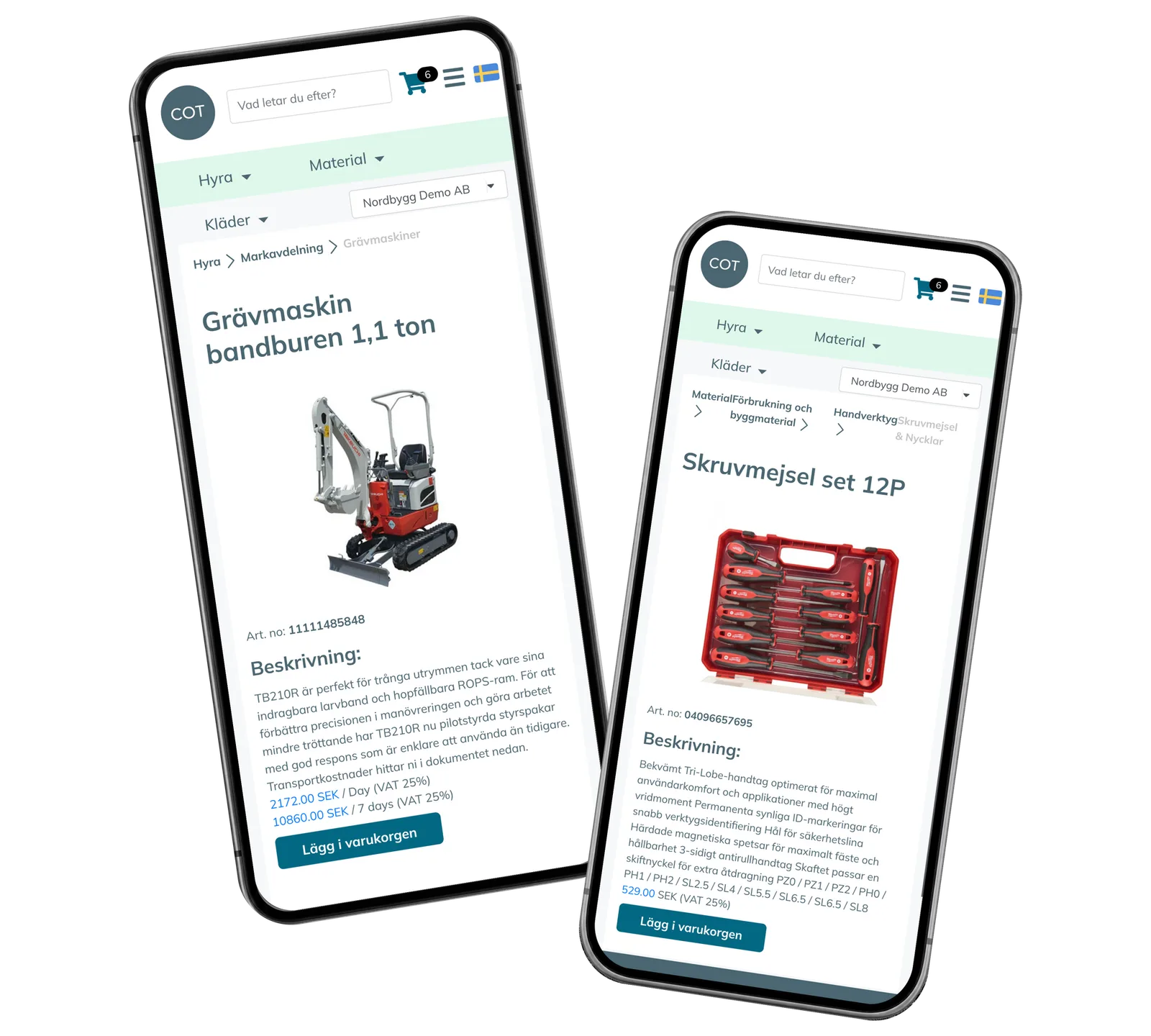 COT Sverige Portal prototype: Browse rental equipment and purchased tools on a phone. Real interface with fictional demonstration records.
