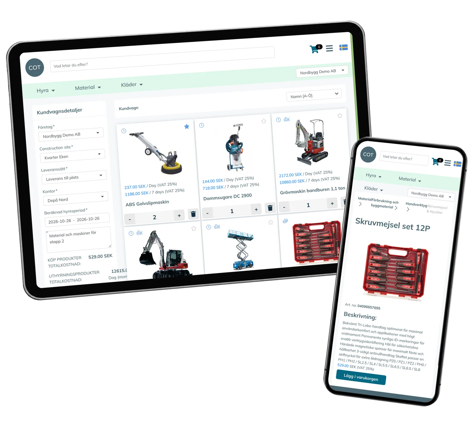 COT Sverige Portal prototype on a tablet and phone, with a mixed equipment order and tool selection using fictional demo data.
