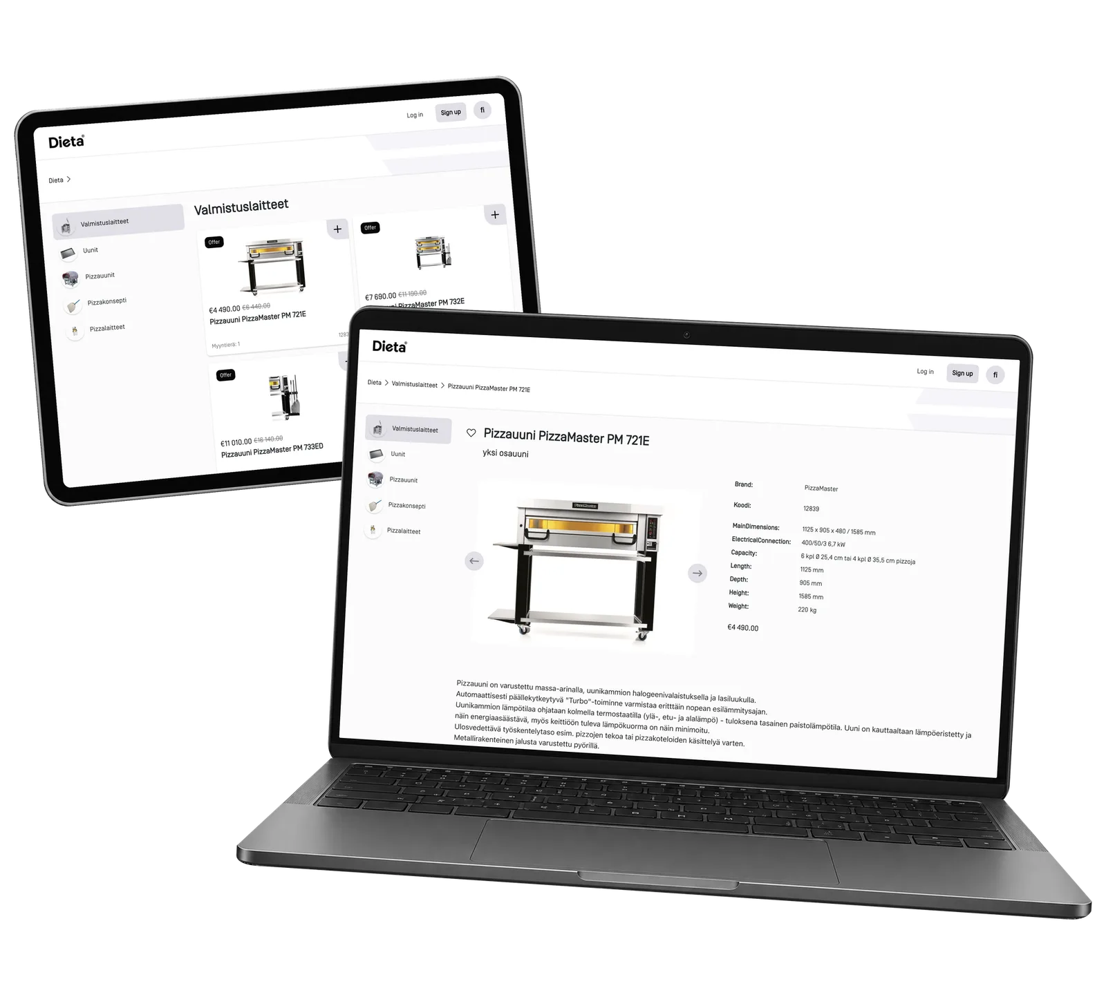 Dieta Shop prototype: Check the oven’s size, capacity and connections. Actual catalogue interface with historical example prices.
