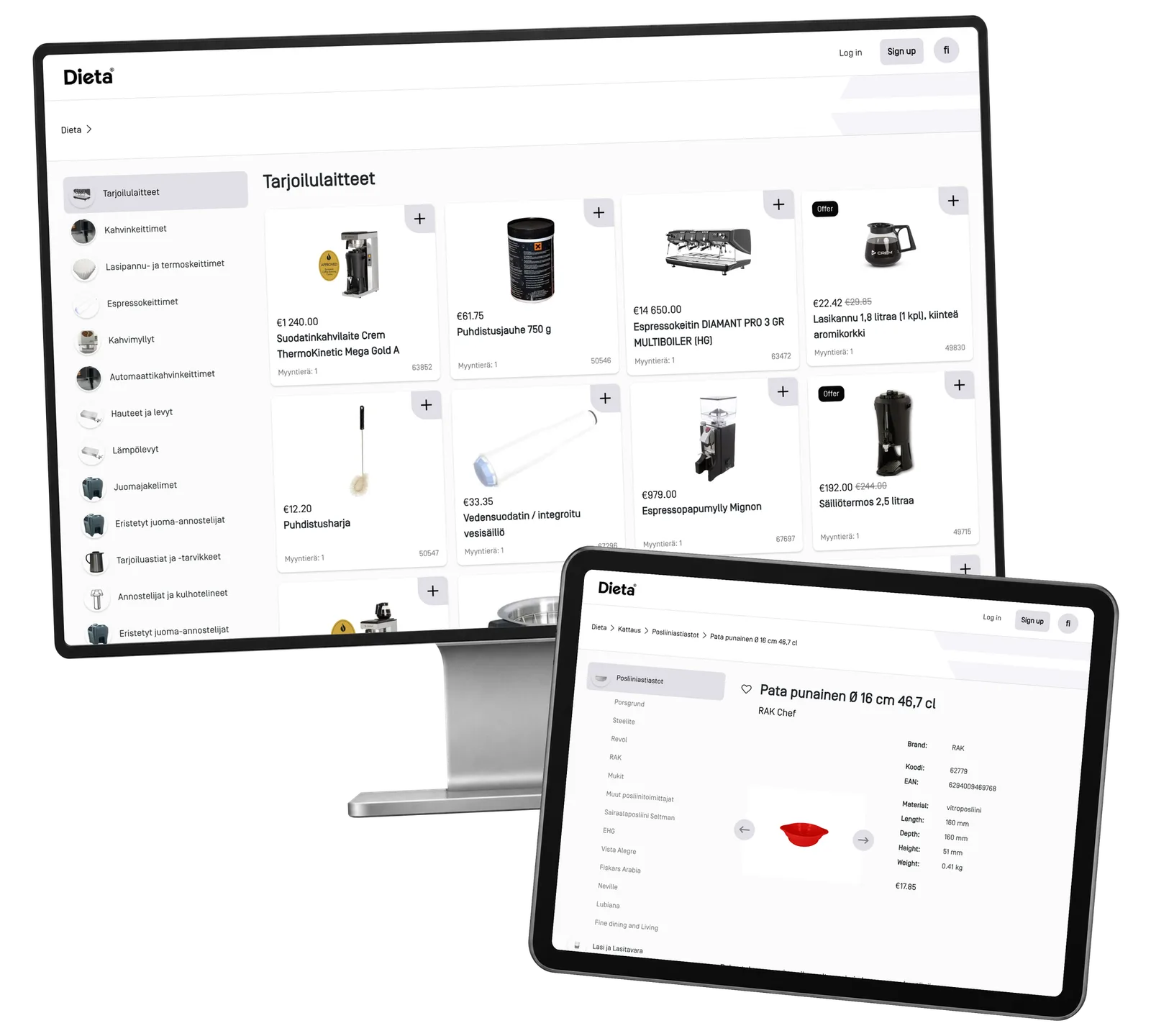Dieta Shop prototype: Discover equipment for coffee service. Actual catalogue interface with historical example prices.