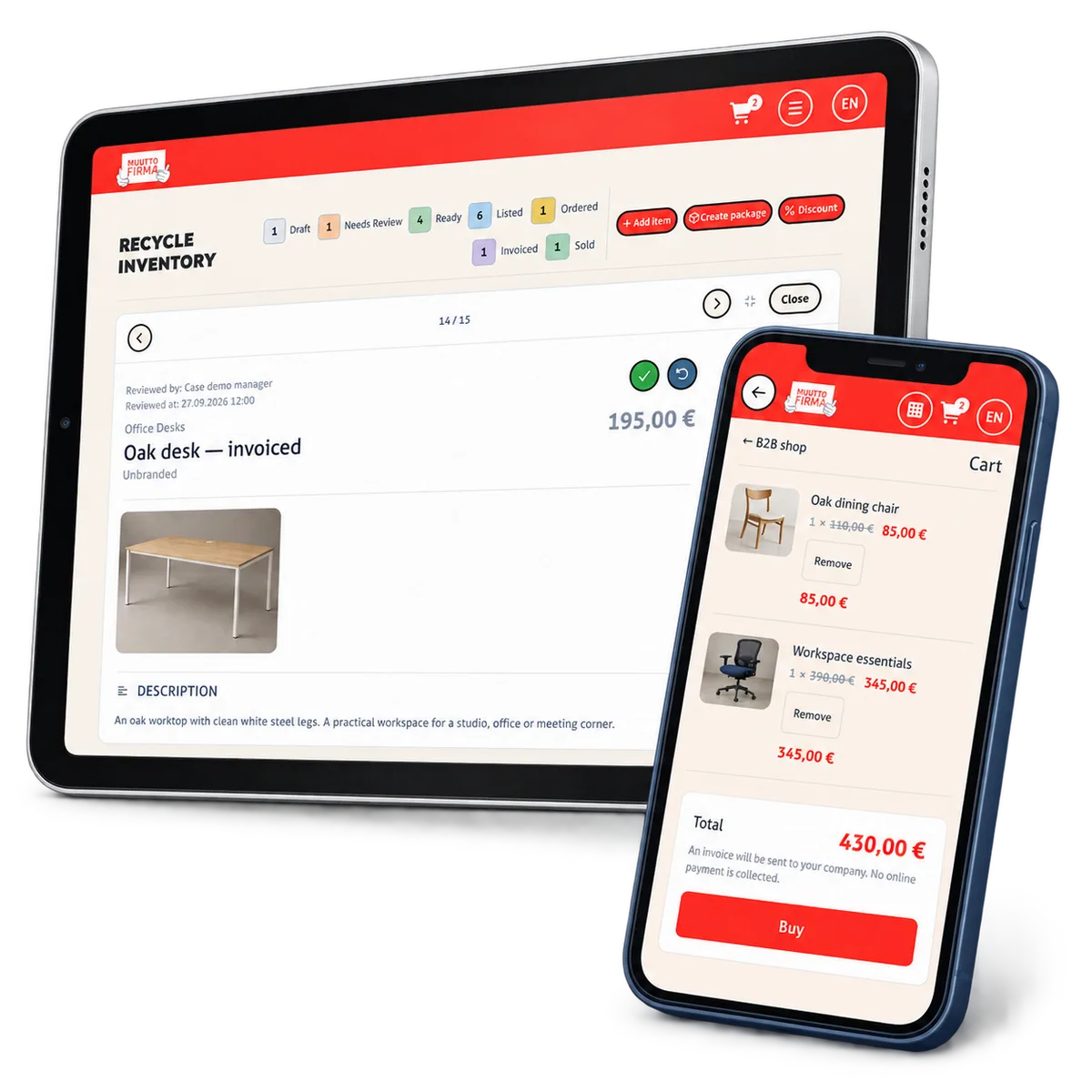 Mobiili B2B-ostoskori ja tabletin laskutettu inventaariotuote.