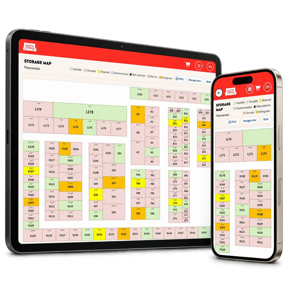 Easy Storage floor plan on a tablet and phone with colour-coded unit states.