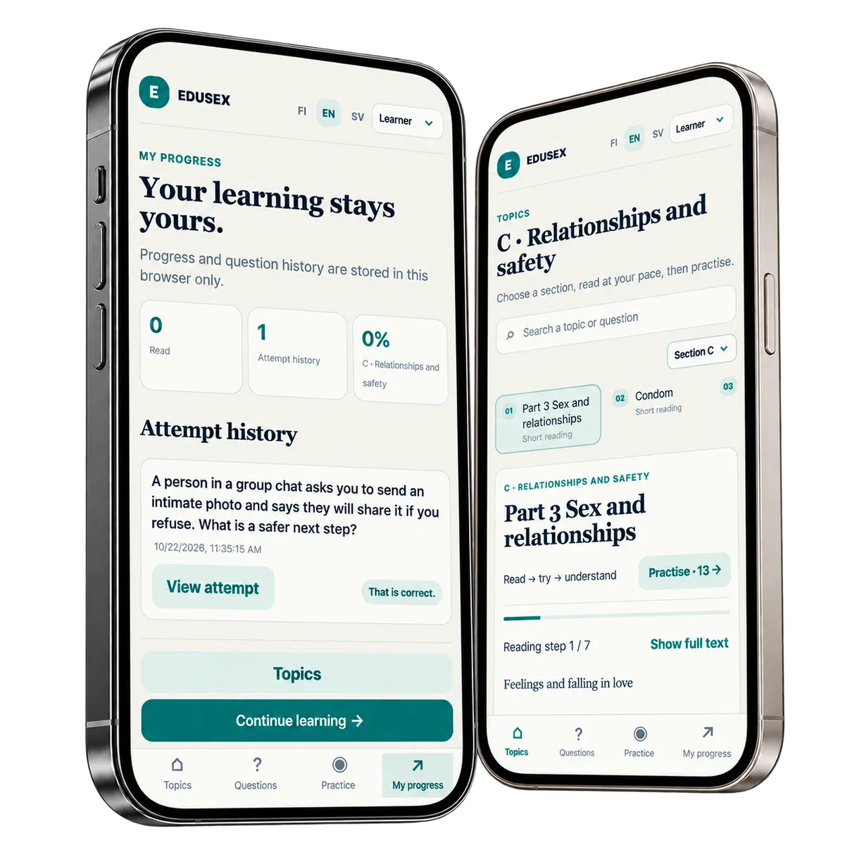 A locally saved attempt and a lesson selection on two phones.