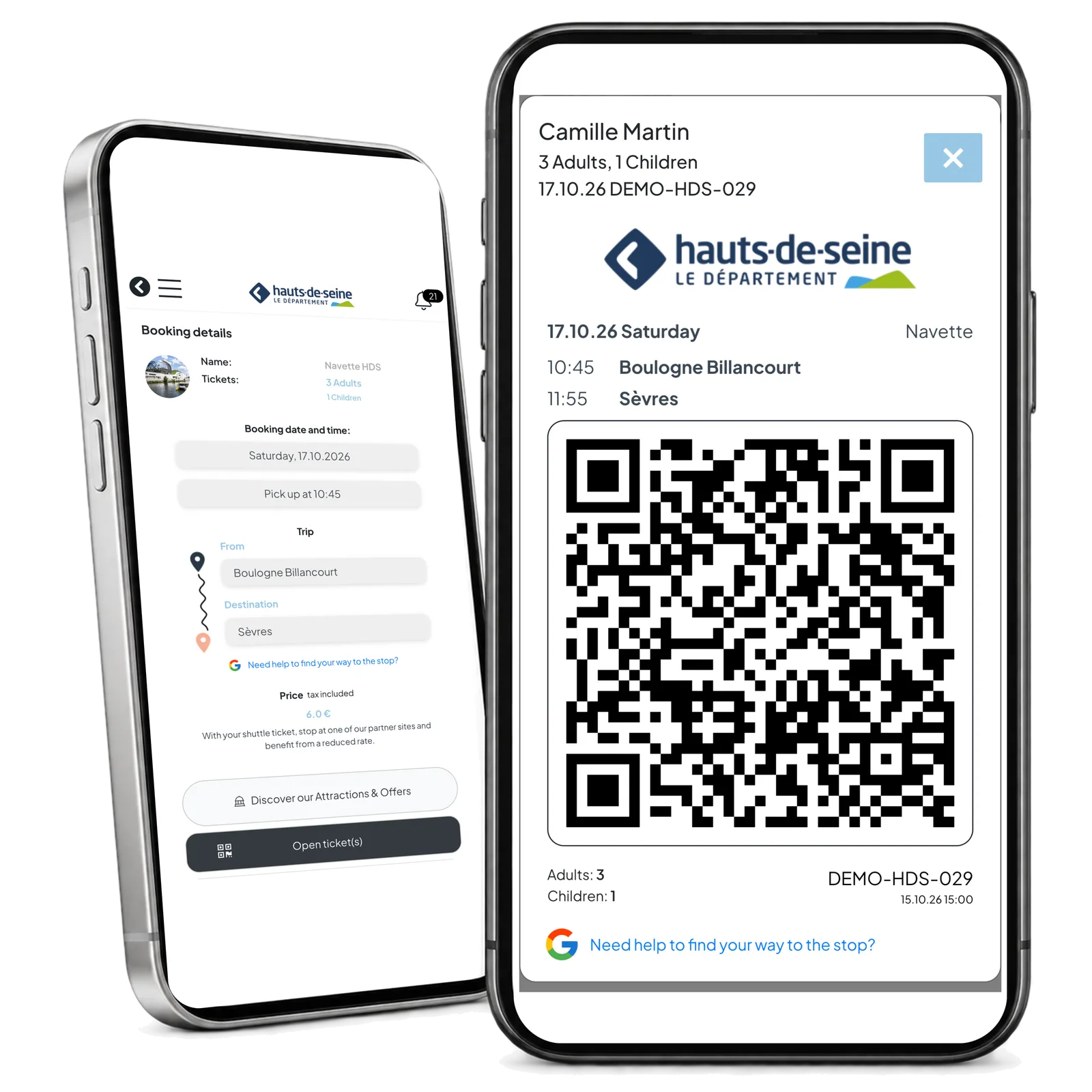 HDS booking for three adults and one child beside its matching demo QR ticket on two phones.