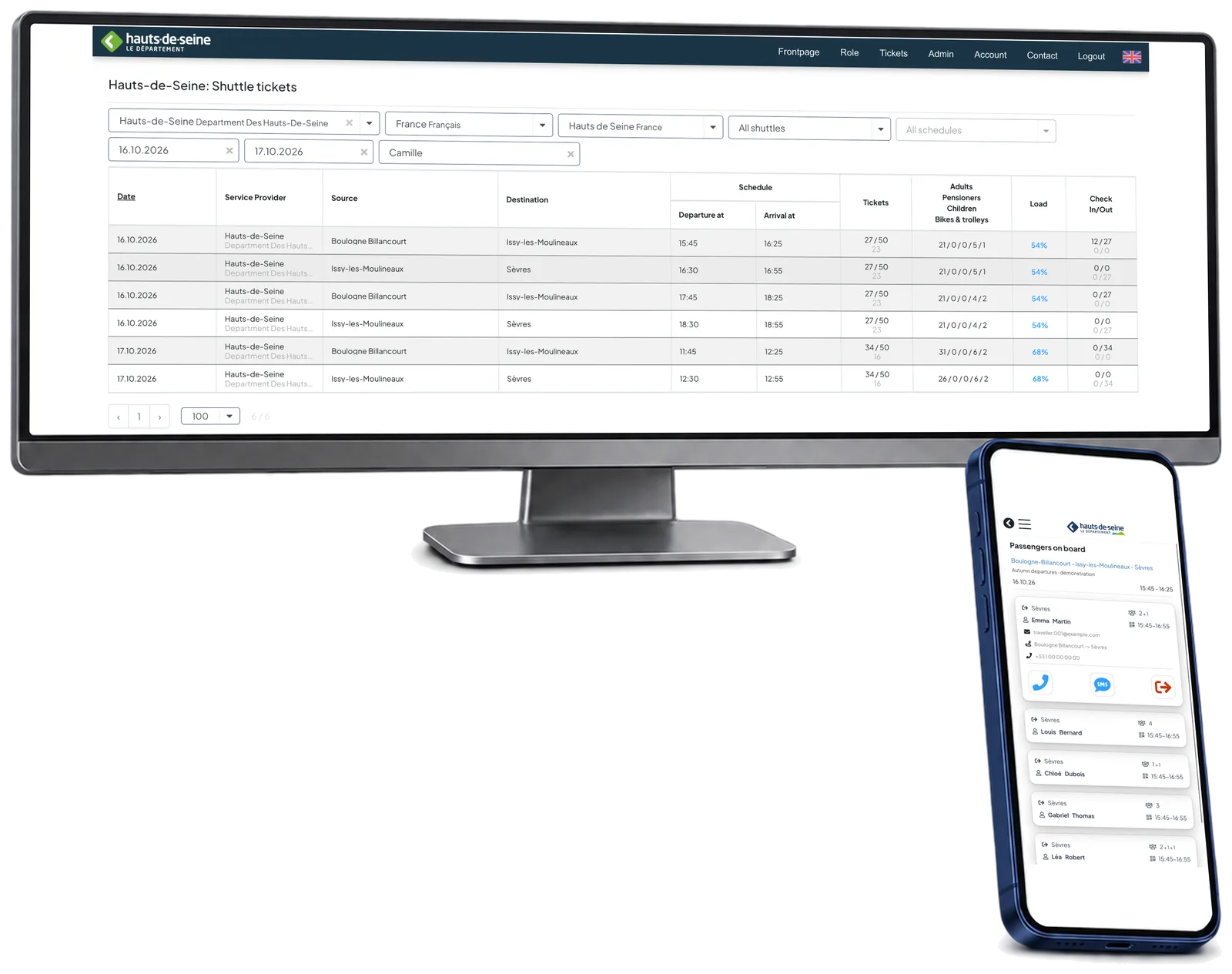 HDS reservations and occupancy table on a wide monitor beside crew passenger details on a phone; separate demo views.