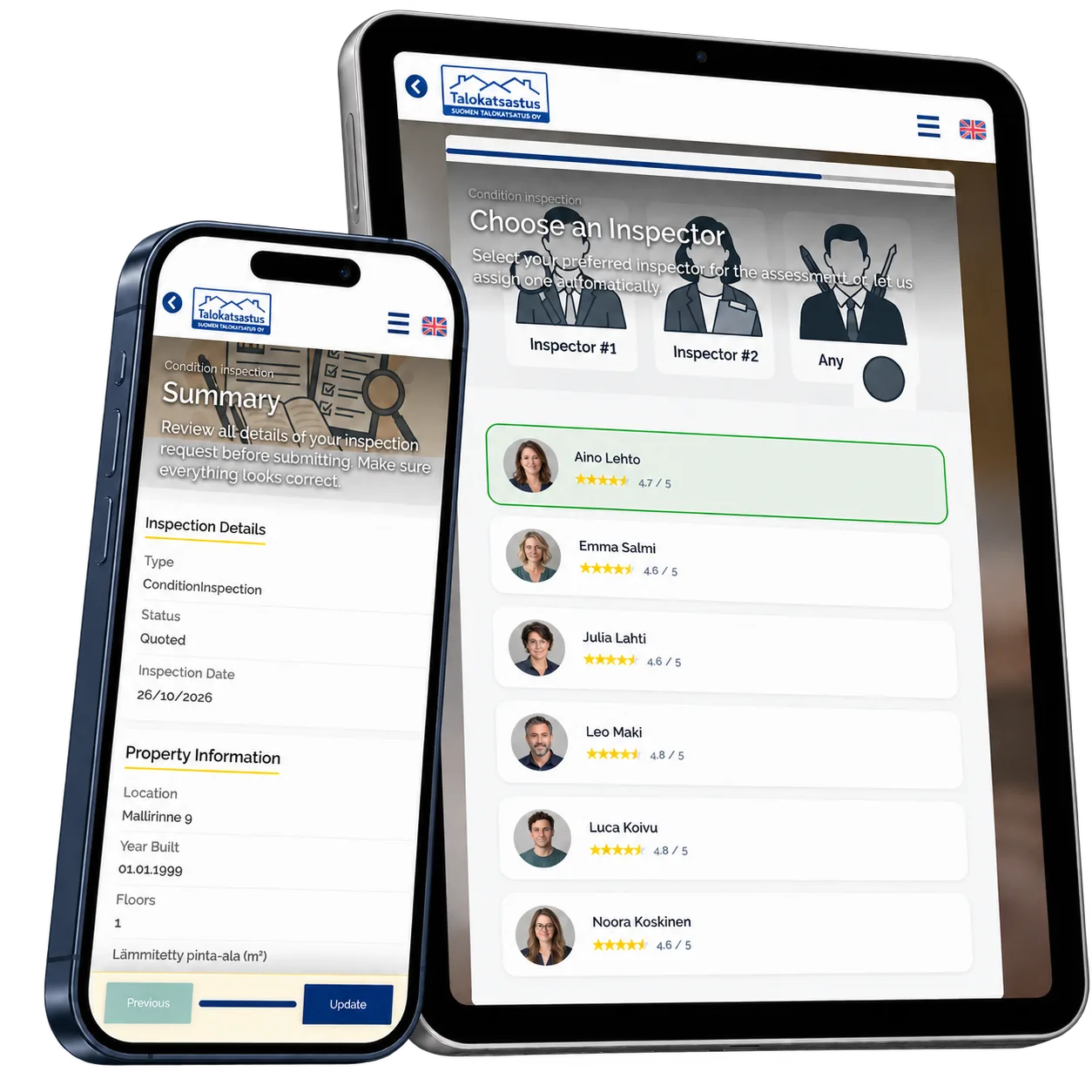 Katsastus Tarkka prototype: Review the inspectors and the details of your request. Device collage with fictional local records.