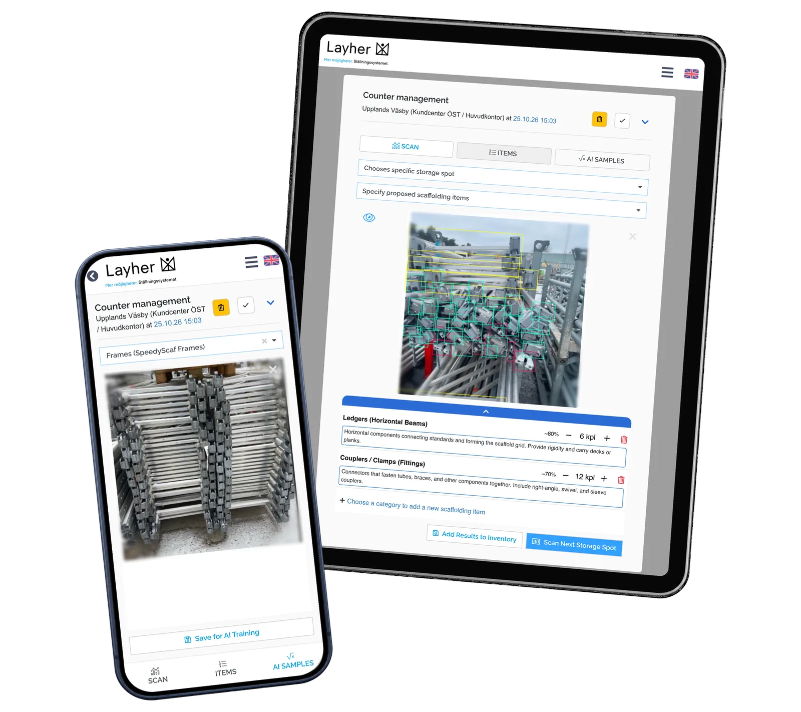 Layher StockCounter prototype: Keep a visual reference with the material you are checking. Saved example results and fictional local records.