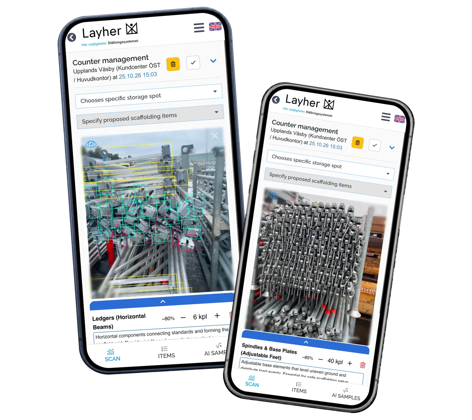Layher StockCounter prototype: Use real material photographs when reviewing different component groups. Saved example results and fictional local records.