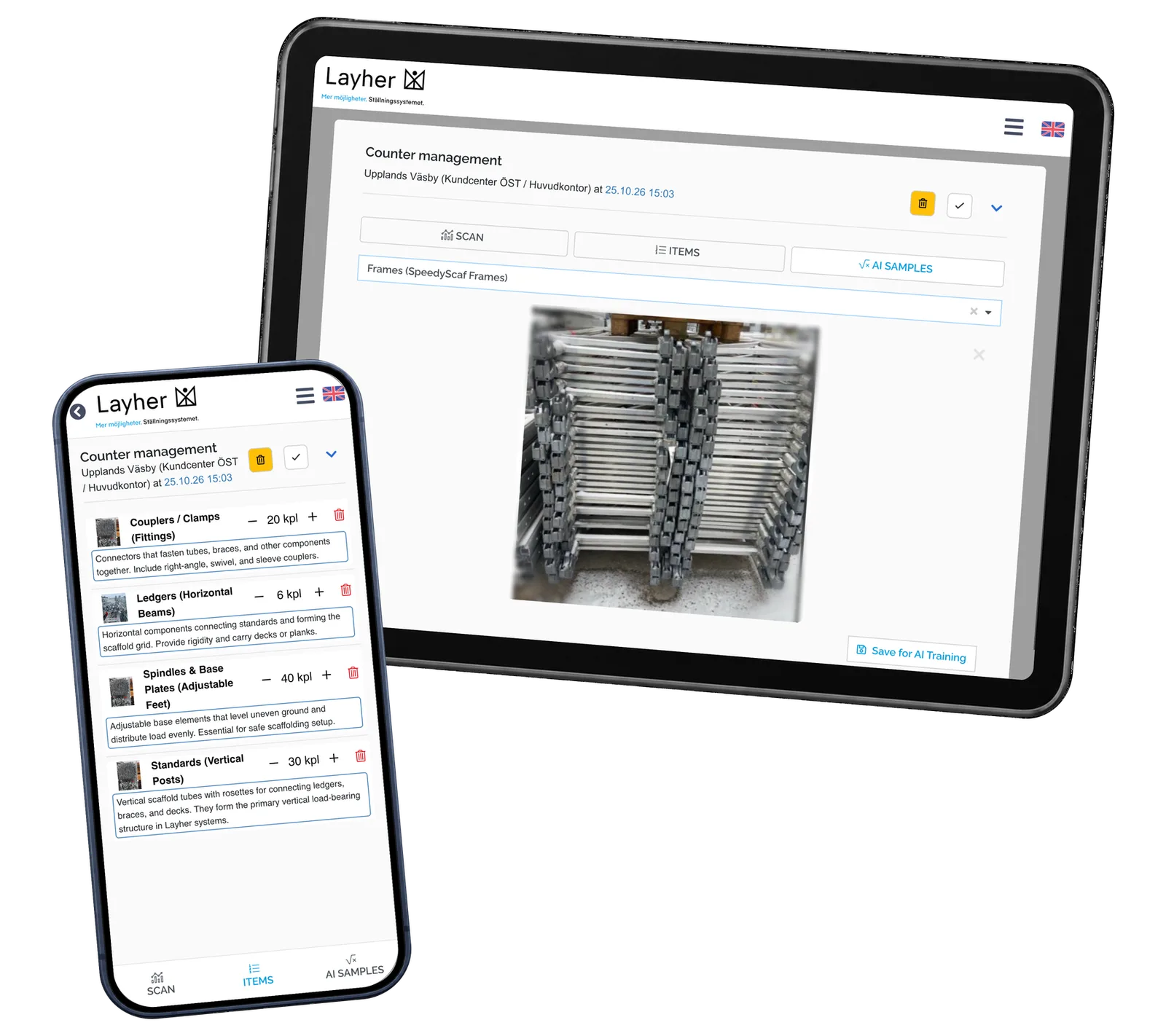 Layher StockCounter prototype: Keep categorized photo examples separate from the saved inventory lines. Saved example results and fictional local records.