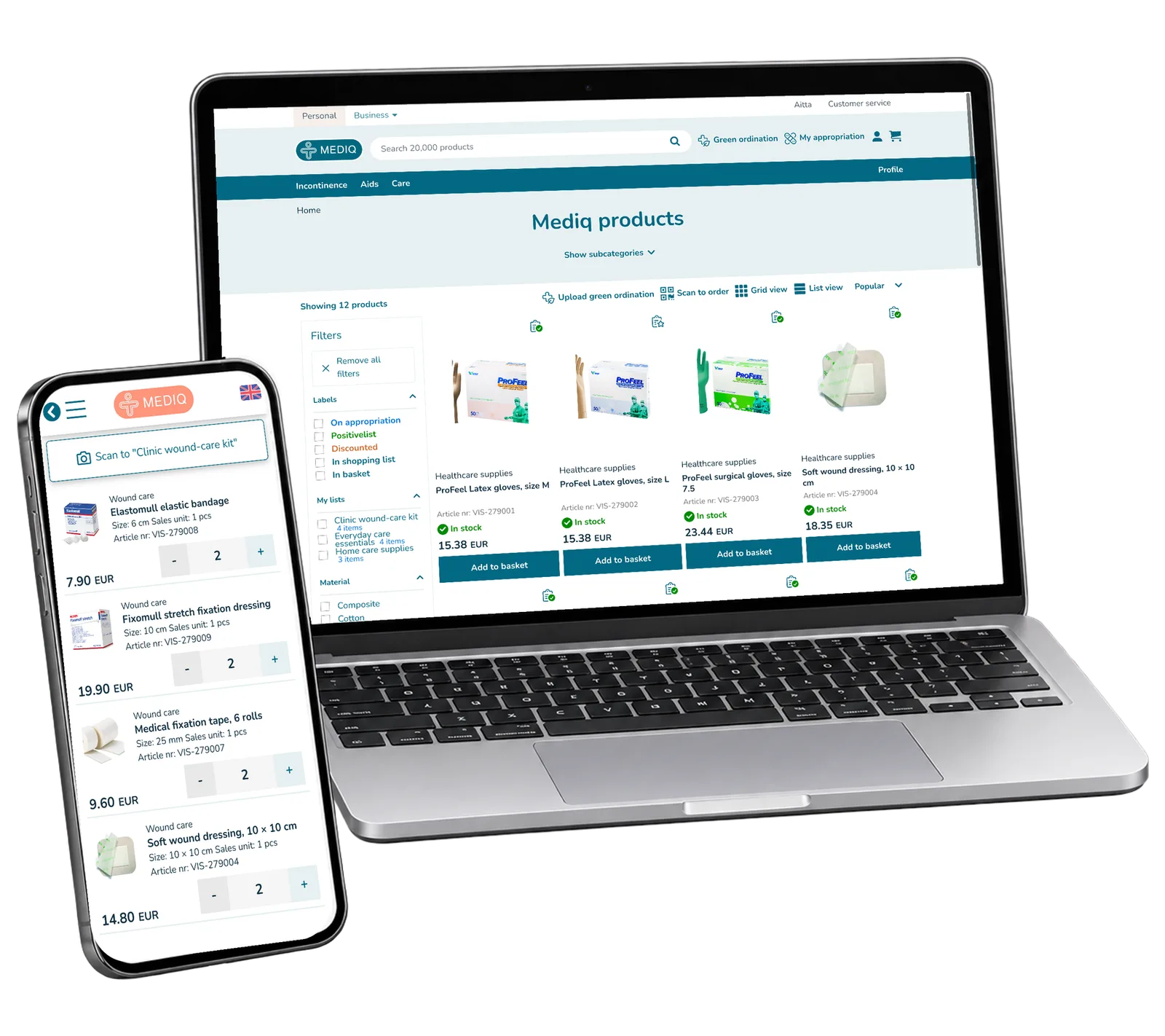 Photographic product cards on a laptop alongside a phone with different wound-care supplies.