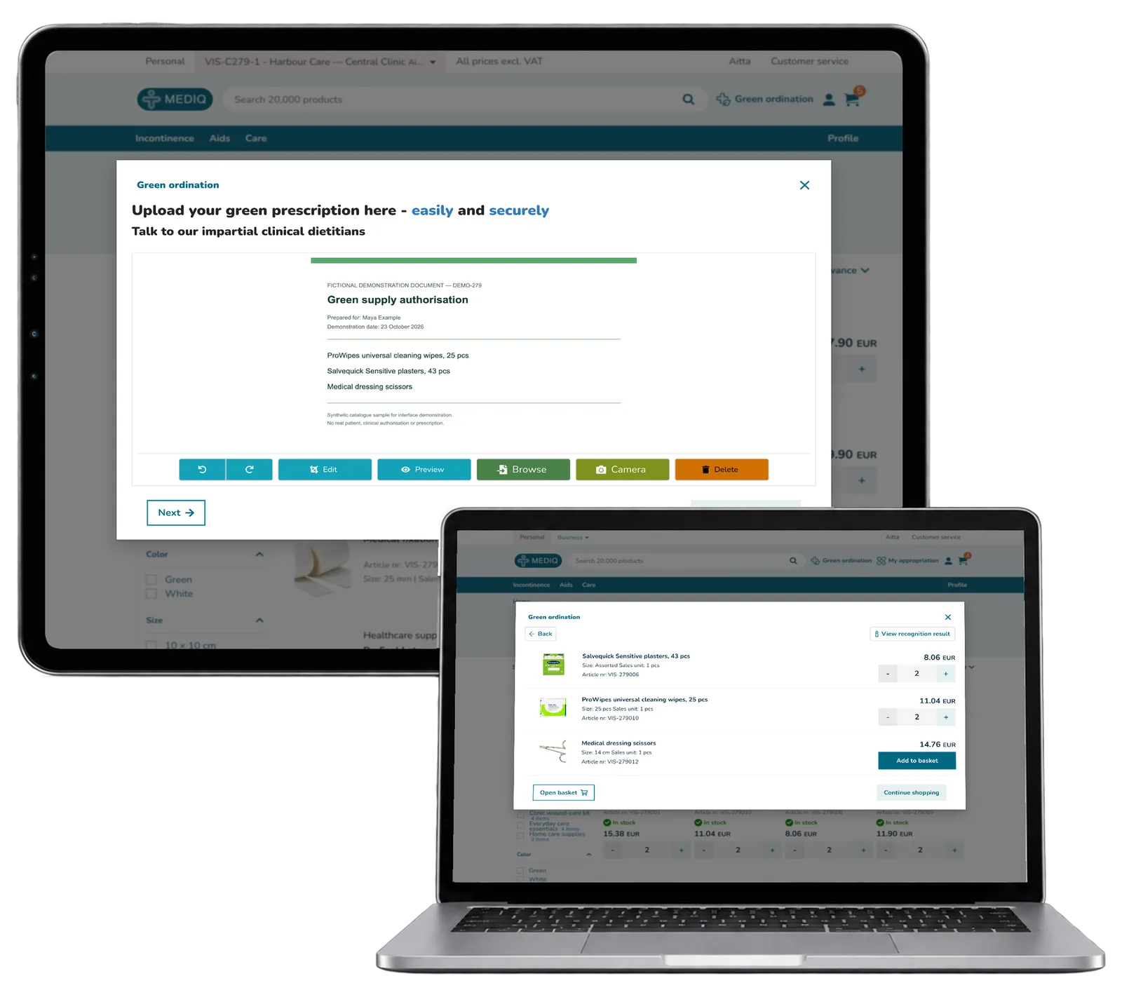 A fictional supply document uploaded on a tablet and matching catalogue products on a laptop.