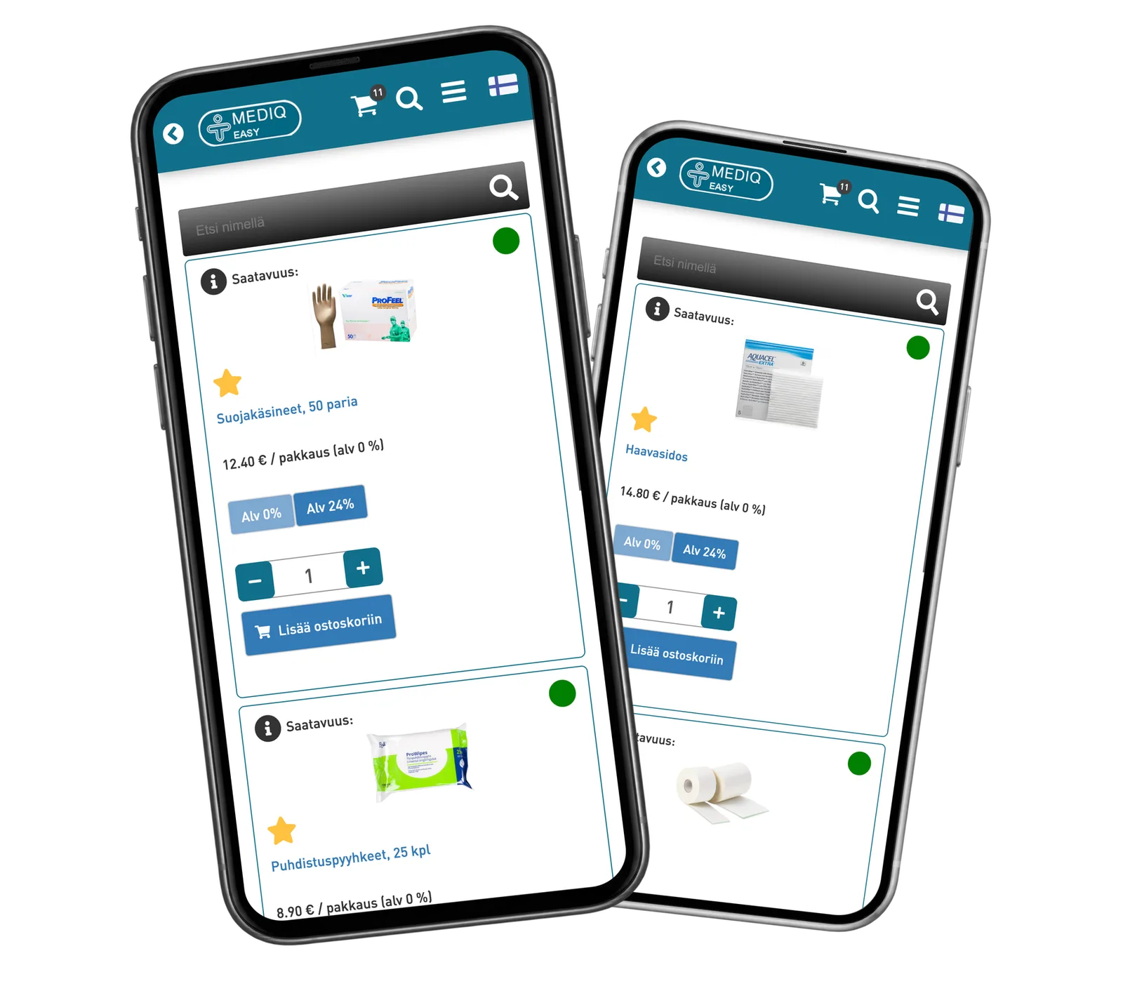 Two phones show saved supplies and a wound-care product selection in Mediq Easy.