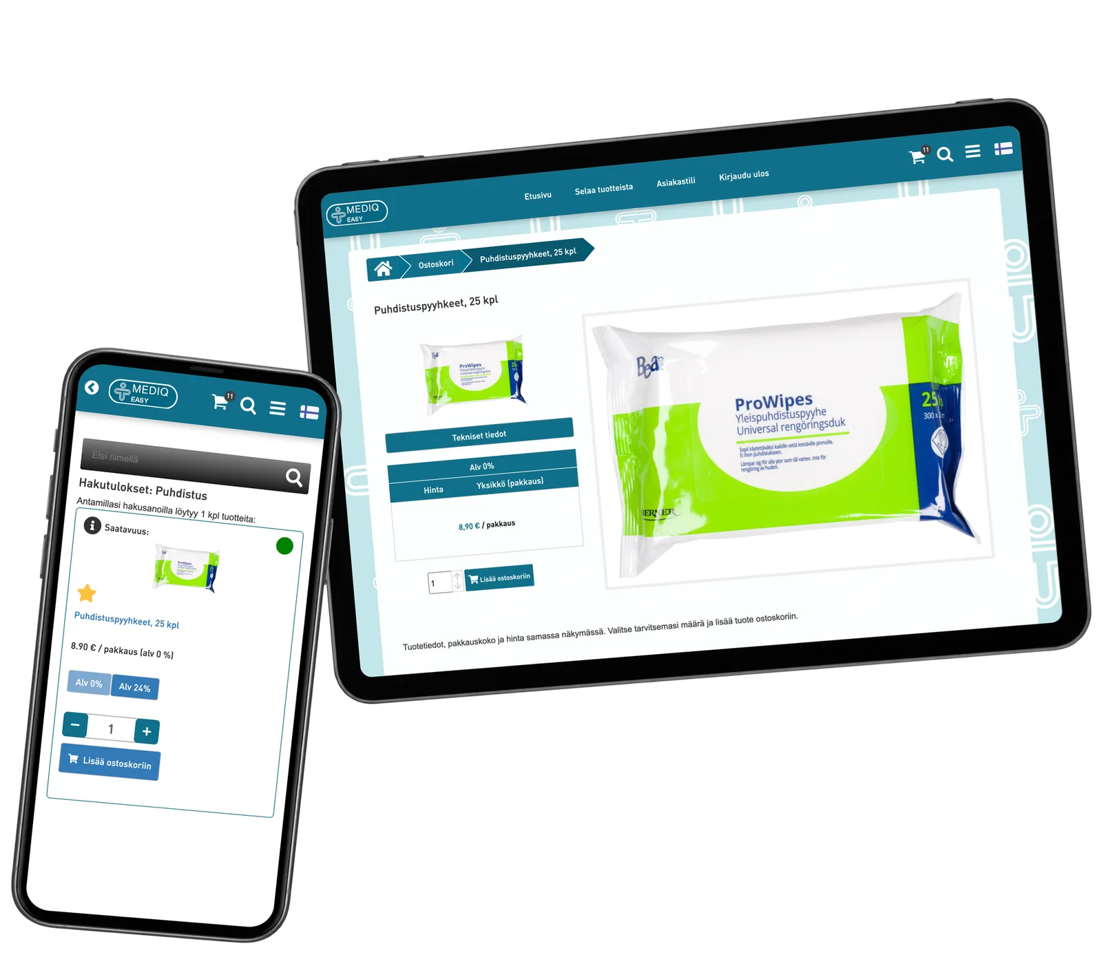Product details for cleaning wipes on a tablet beside a phone with the matching search result.