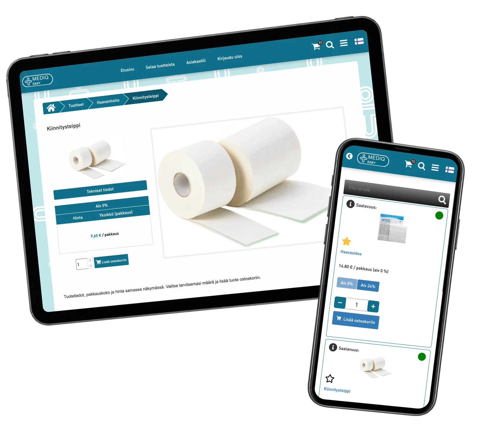 Adhesive tape product information on a tablet and wound-care supplies on a phone.