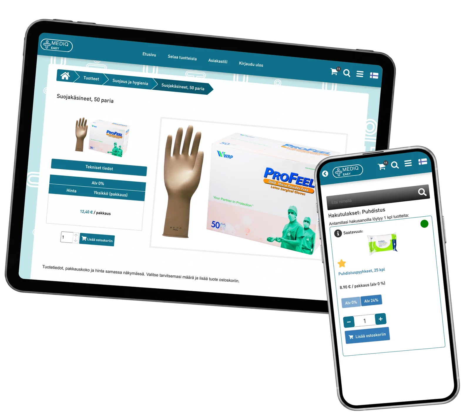 Glove product information on a tablet and a separate cleaning-wipes search result on a phone.