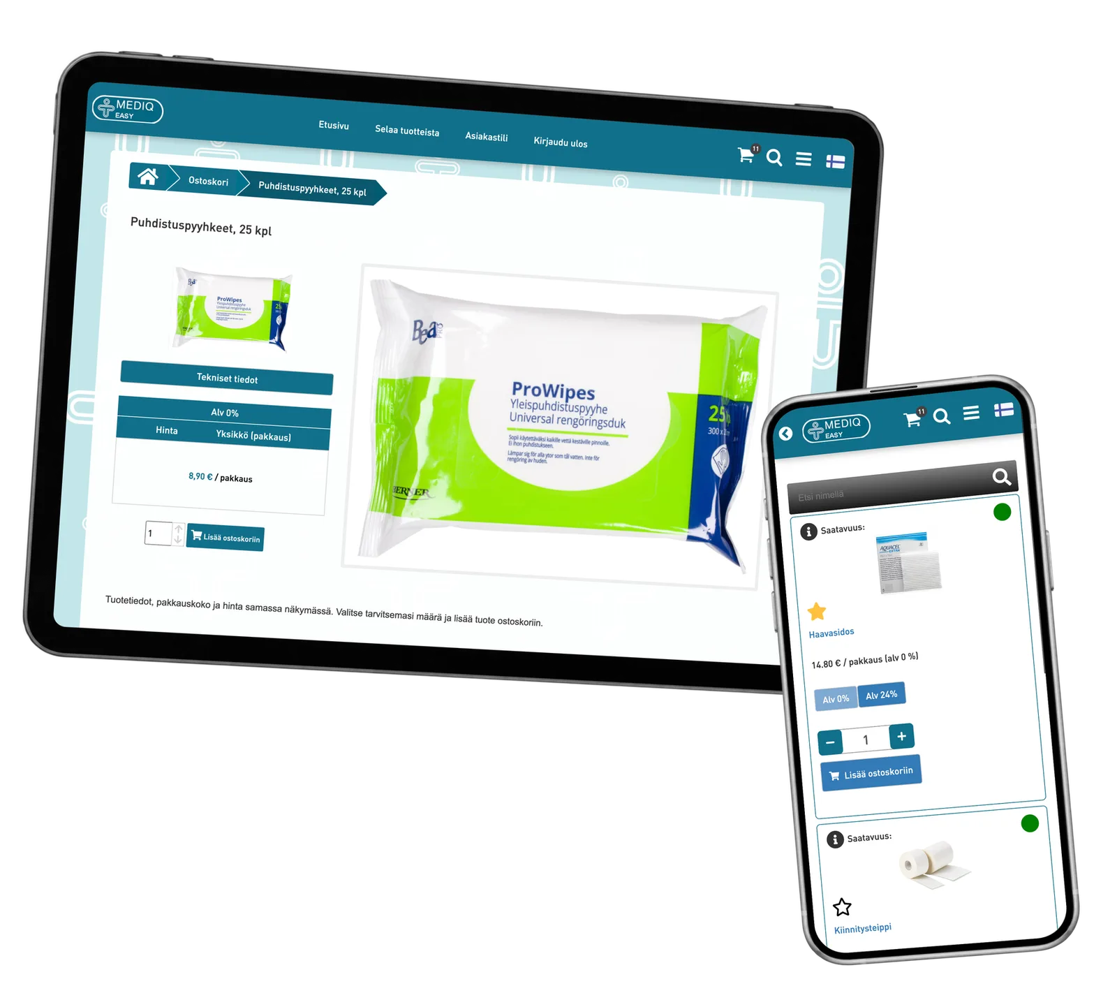 Mediq Easy product information with a green wipes pack on a tablet and wound-care selection on a phone.
