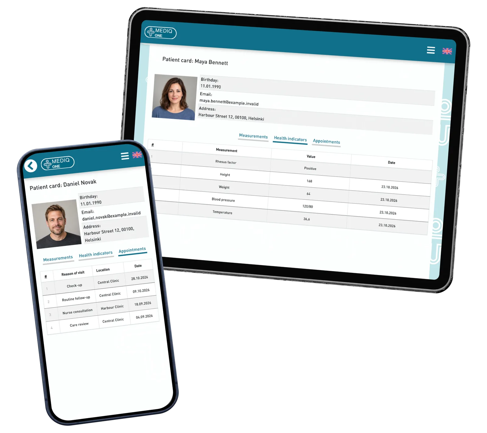 Professional indicator view on a tablet with another patient’s visit list on a phone.