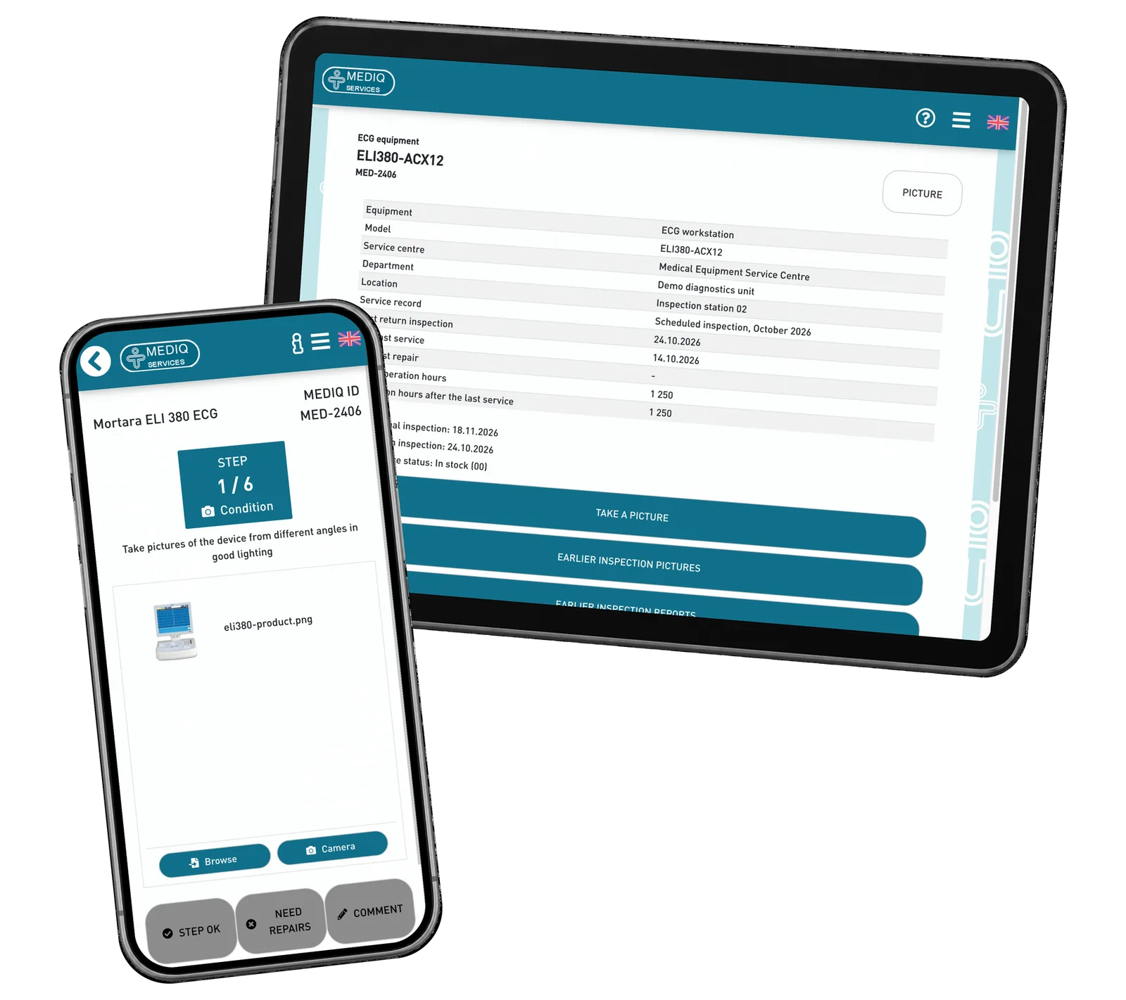 Mediq Services prototype: Keep condition photographs connected to the equipment being checked. Fictional demonstration data.