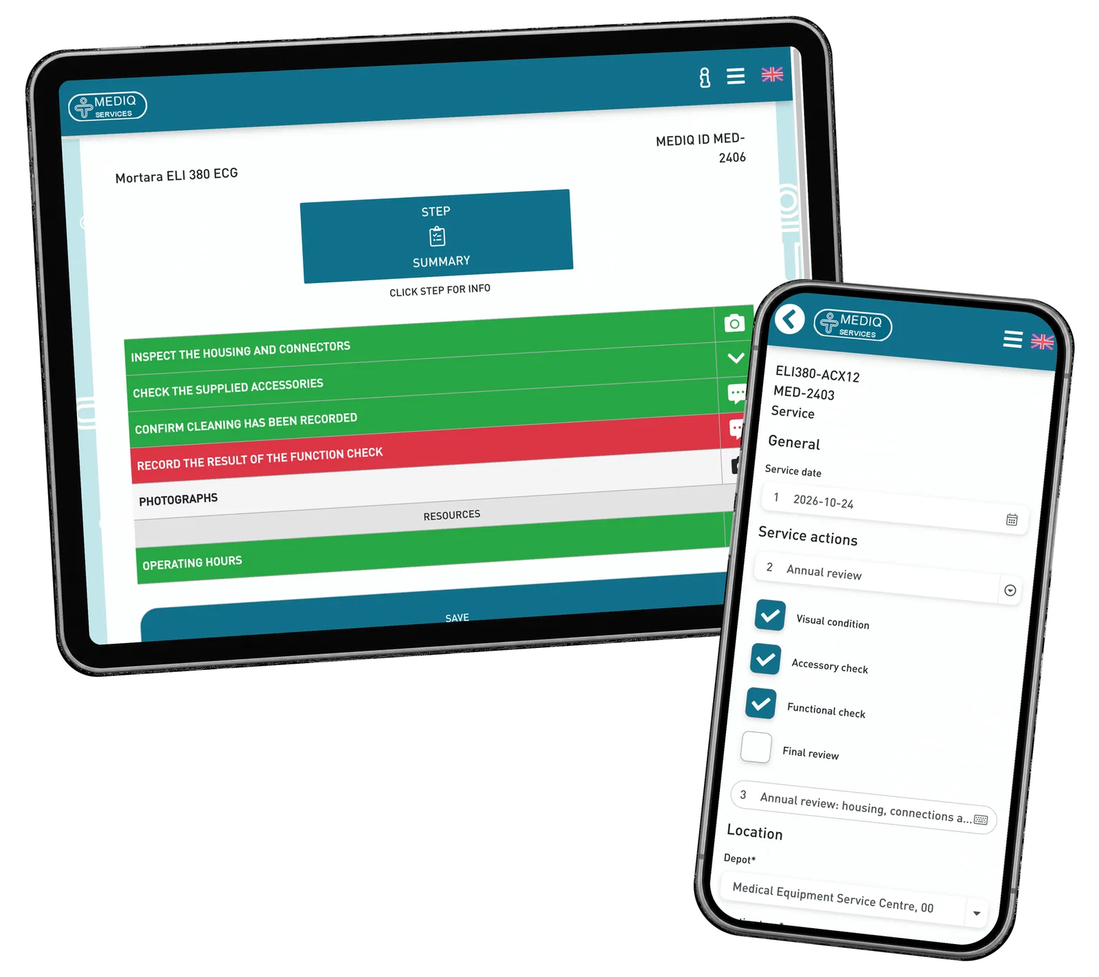 Mediq inspection summary on a tablet and a separate equipment-service worklist on a phone. Fictional demonstration records.