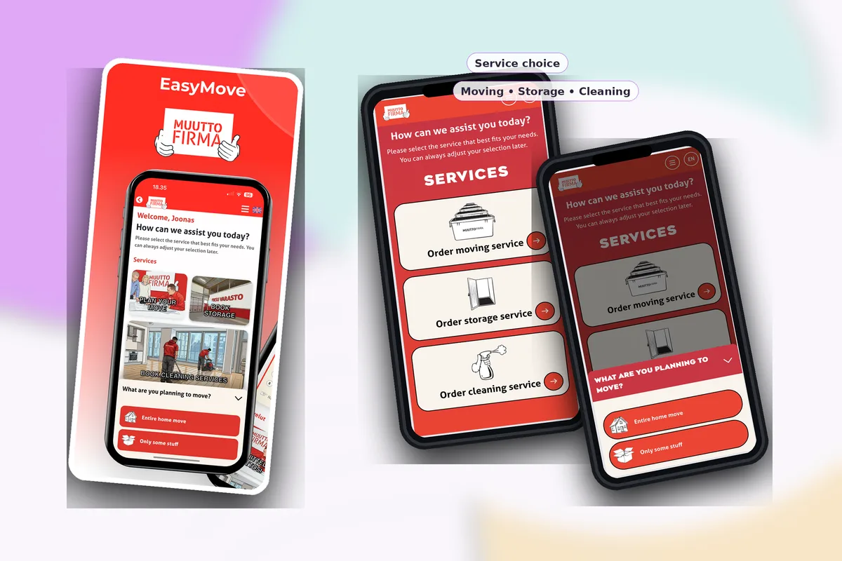 EasyMove-asiakkaan aloitusnäkymä palvelun ja muuton laajuuden valinnoilla.