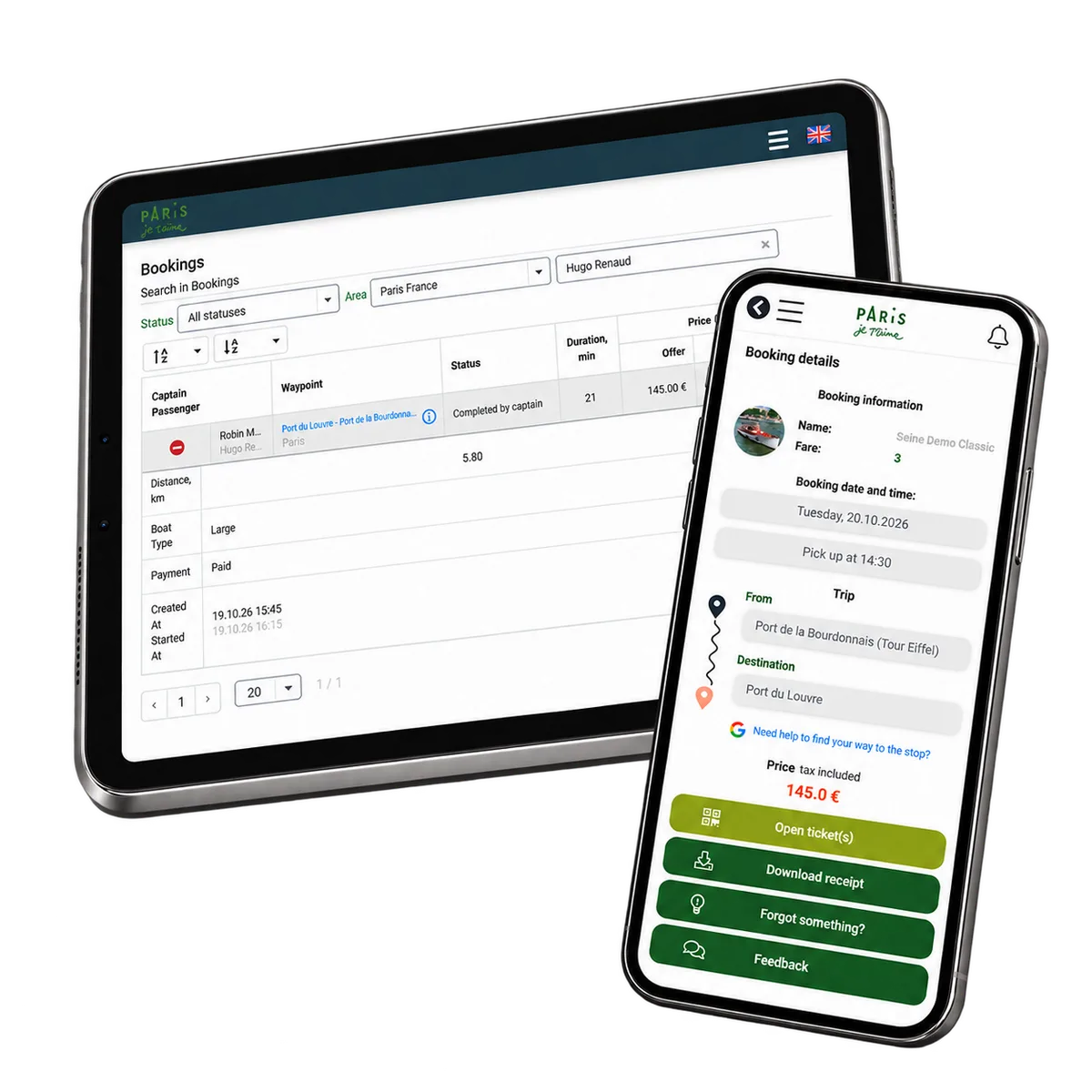 Operator booking search on a tablet and a different passenger trip on a phone.