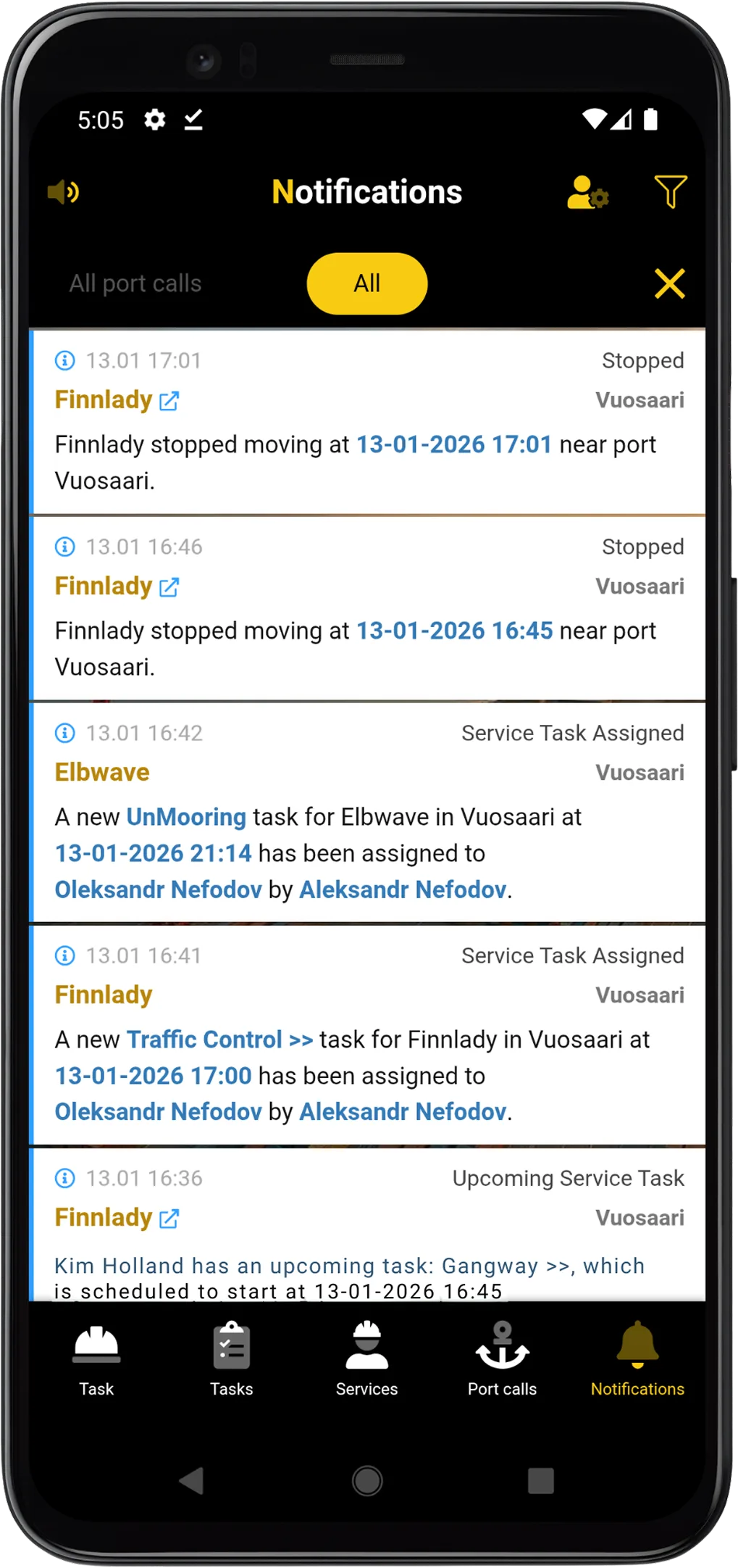 PortLinks mobila aviseringsvy för fartygs- och uppgiftsuppdateringar.