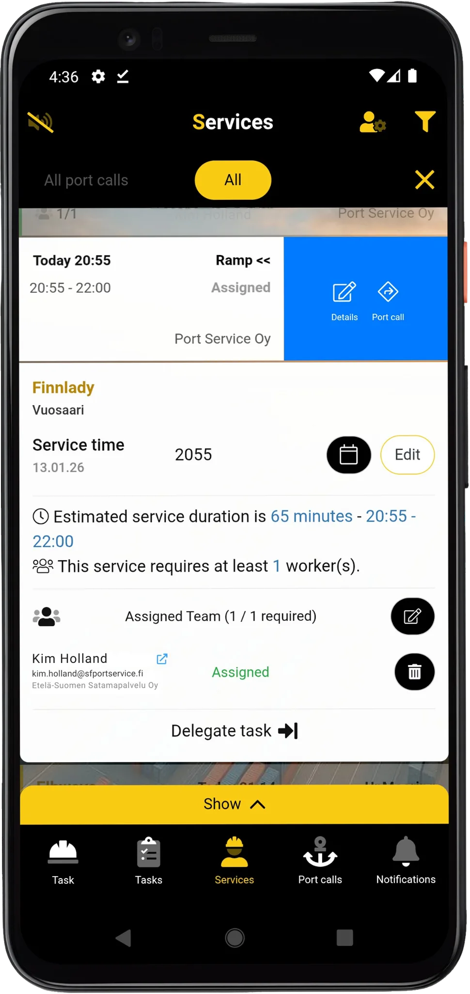 PortLinks mobila vy för servicedetaljer i en tilldelad rampuppgift.