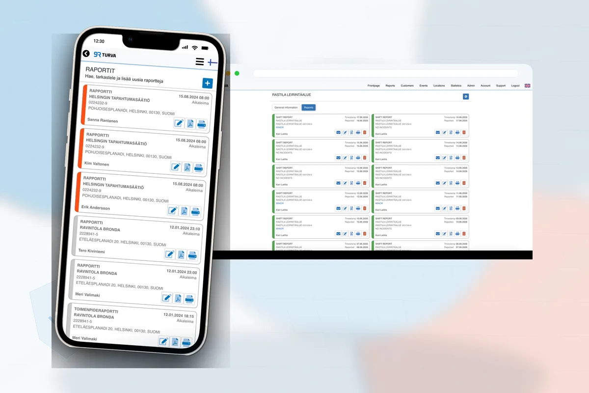 RepSecin mobiili turvallisuusraportoinnin työnkulku kenttävartijoille