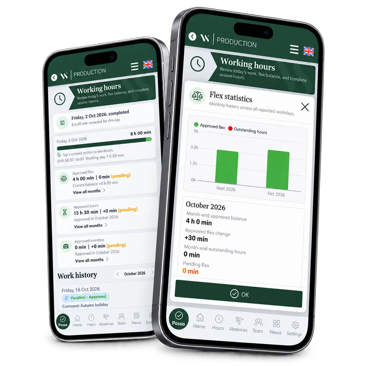 Passa flex balances and working hours on two phones. Adapted demo.
